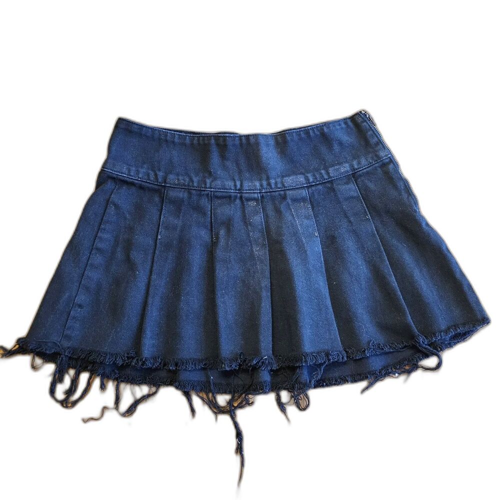 One Teaspoon Pleated Mid Waist Micro Mini Denim Skirt Sz 26 Black